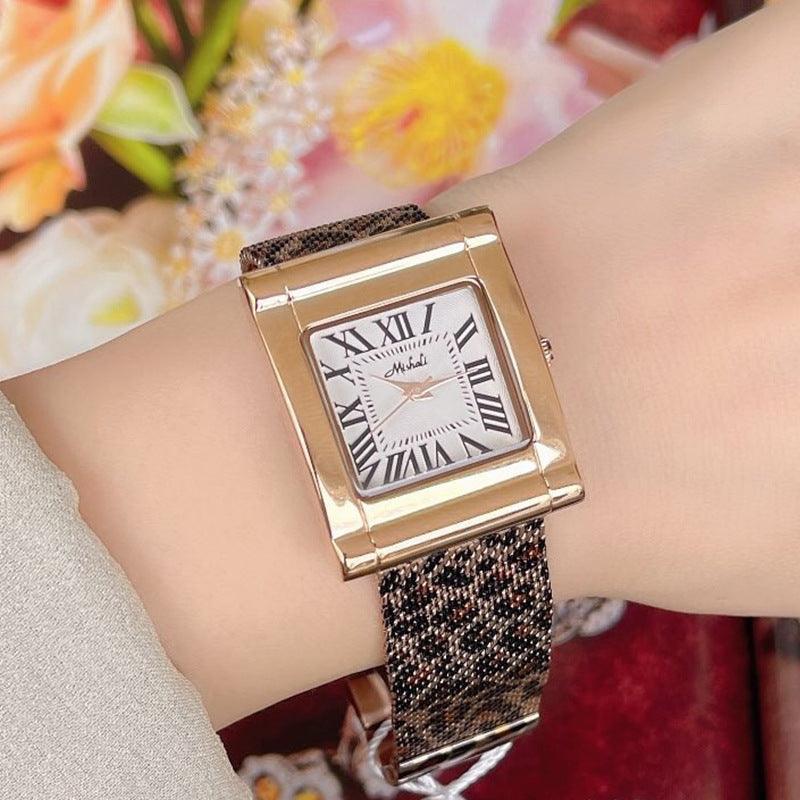 Fashion Steel Belt Leopard Print Mesh Square Watch For Women - Aaryan Malik اريان مالك
