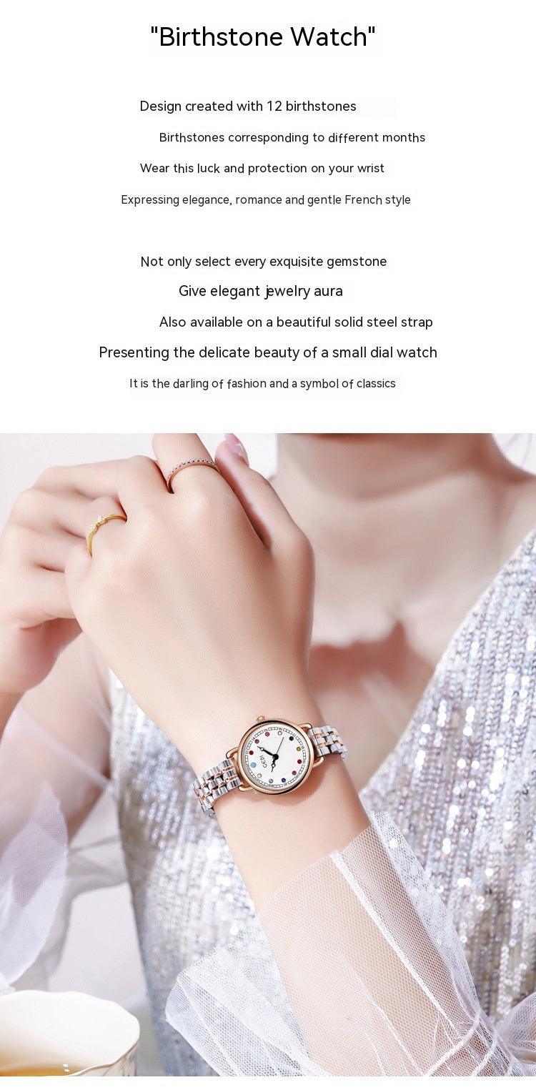 Niche Women's Good-looking Steel Belt Small Light Luxury Ins Birthstone Waterproof Fashion Quartz Watch - Aaryan Malik اريان مالك