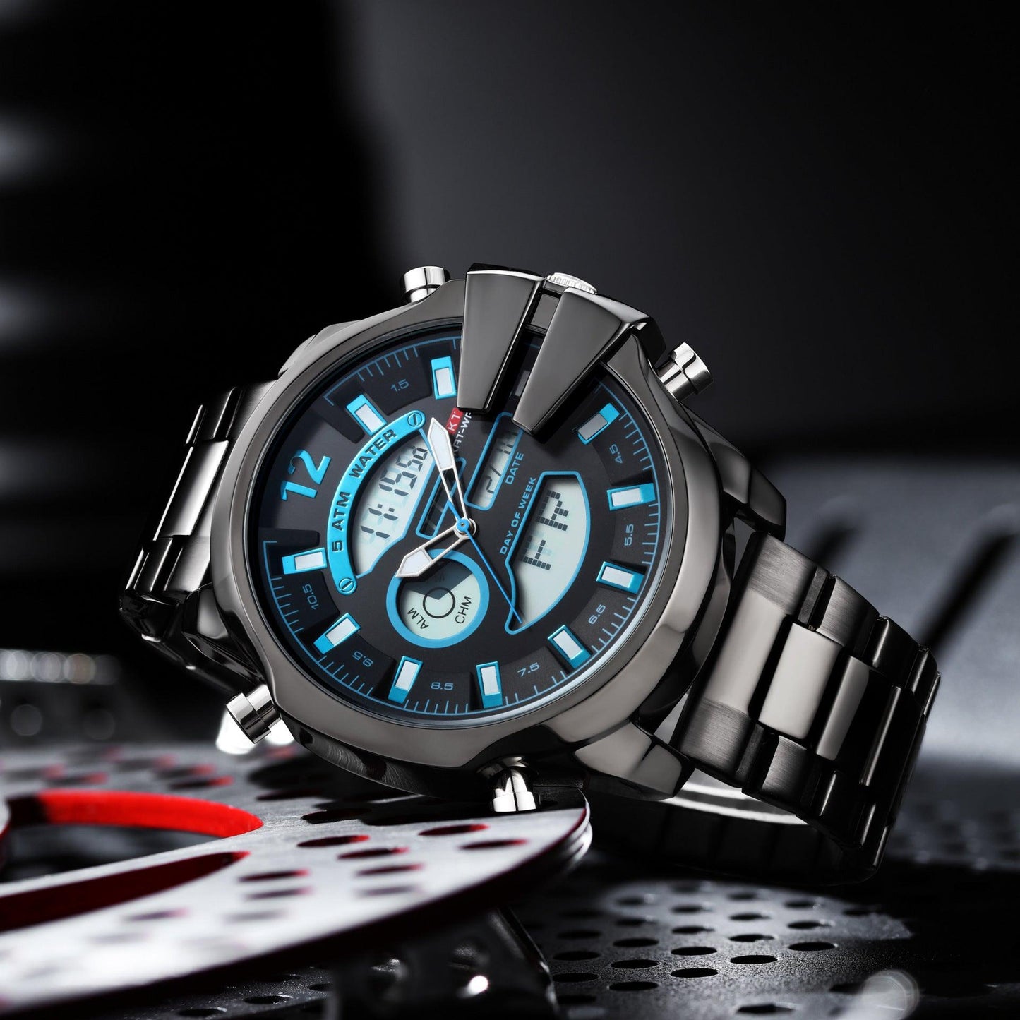 New Men's Double Display Alarm Clock Led Sports Steel Watch Waterproof - Aaryan Malik اريان مالك