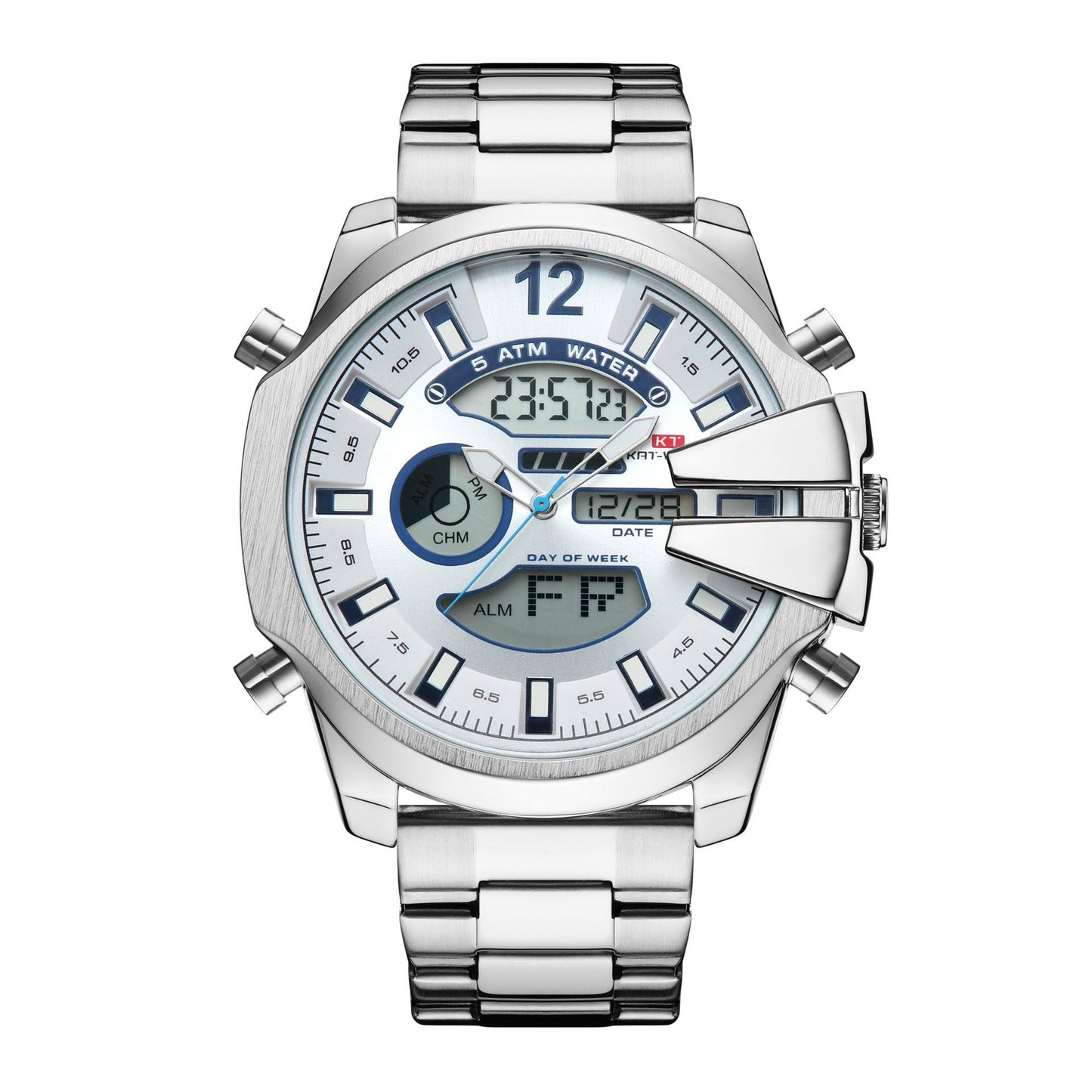 New Men's Double Display Alarm Clock Led Sports Steel Watch Waterproof - Aaryan Malik اريان مالك