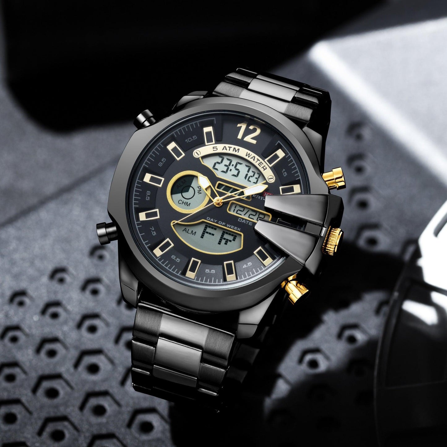 New Men's Double Display Alarm Clock Led Sports Steel Watch Waterproof - Aaryan Malik اريان مالك
