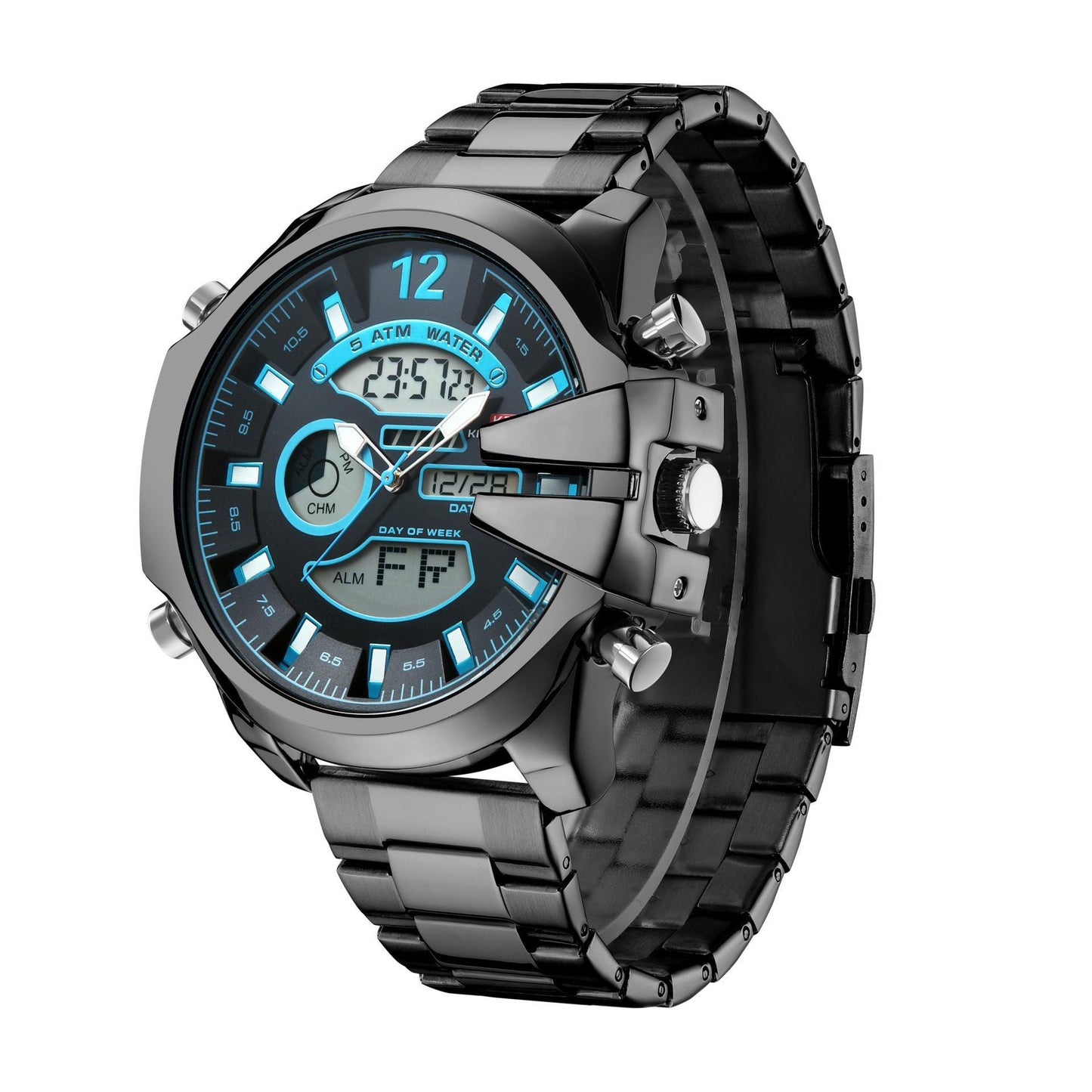 New Men's Double Display Alarm Clock Led Sports Steel Watch Waterproof - Aaryan Malik اريان مالك