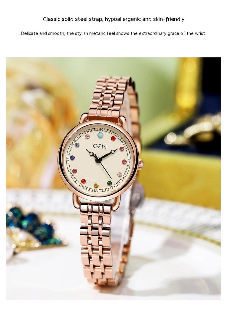 Niche Women's Good-looking Steel Belt Small Light Luxury Ins Birthstone Waterproof Fashion Quartz Watch - Aaryan Malik اريان مالك
