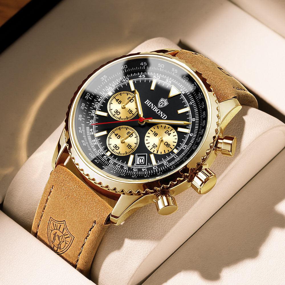 Men's Multi-functional Ultra-thin Business Style Leather Belt Waterproof Luminous Calendar Watch - Aaryan Malik اريان مالك