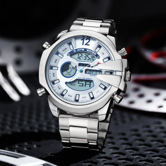 New Men's Double Display Alarm Clock Led Sports Steel Watch Waterproof - Aaryan Malik اريان مالك