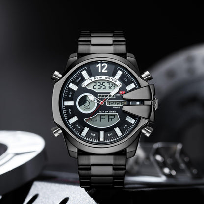New Men's Double Display Alarm Clock Led Sports Steel Watch Waterproof - Aaryan Malik اريان مالك
