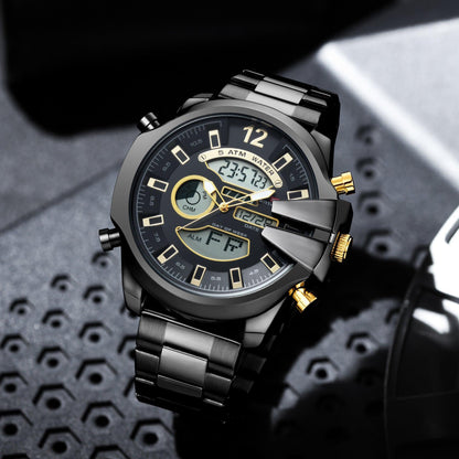 New Men's Double Display Alarm Clock Led Sports Steel Watch Waterproof - Aaryan Malik اريان مالك